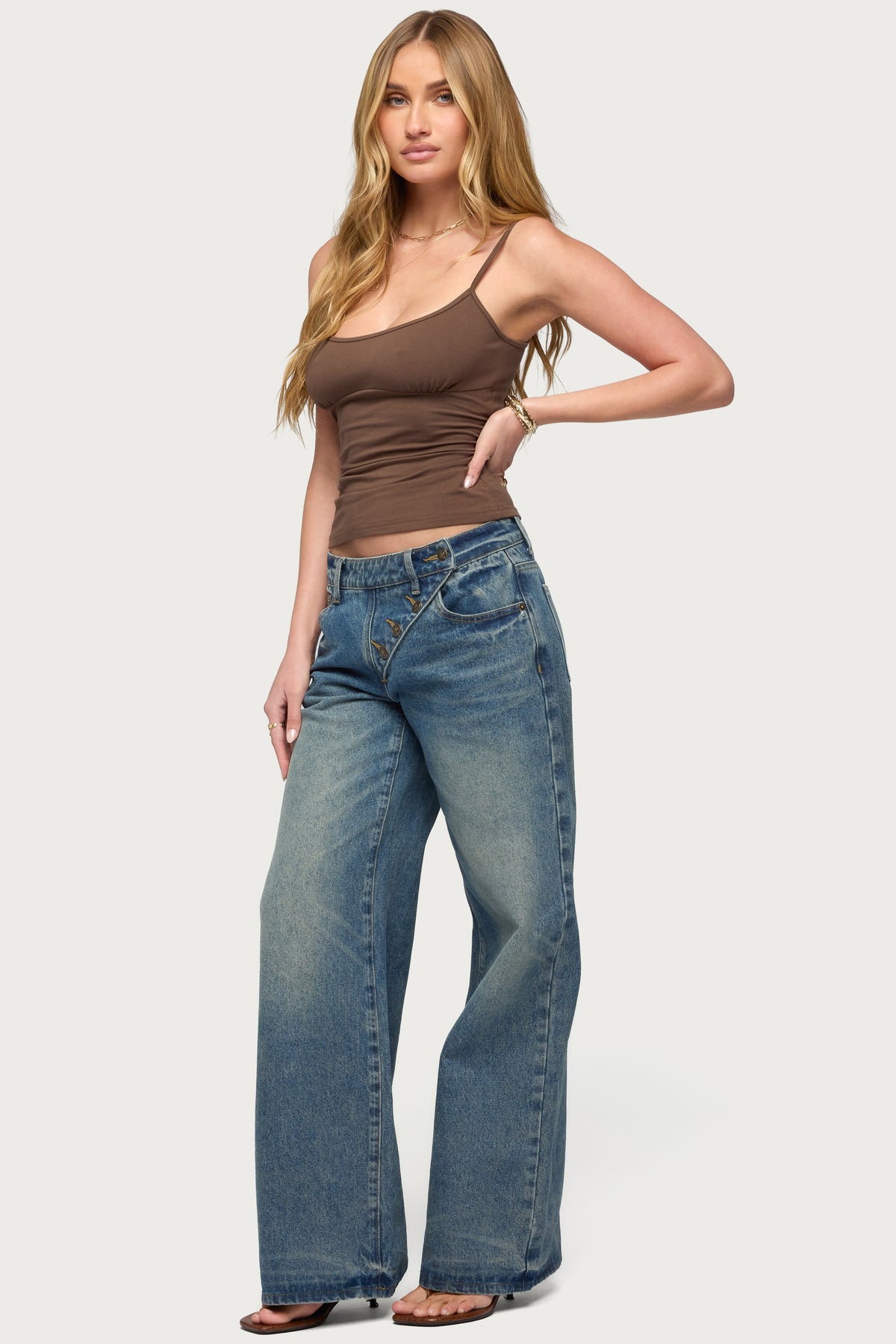 Moxlan Slanted Button Low Rise Baggy Jeans