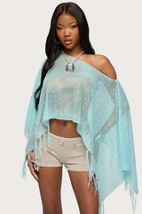 Sequin Fringe Knit Poncho