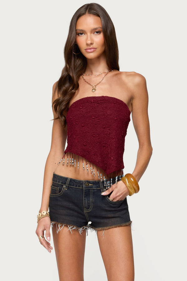 Textured Asymmetric Bead Fringe Strapless Top view 1
