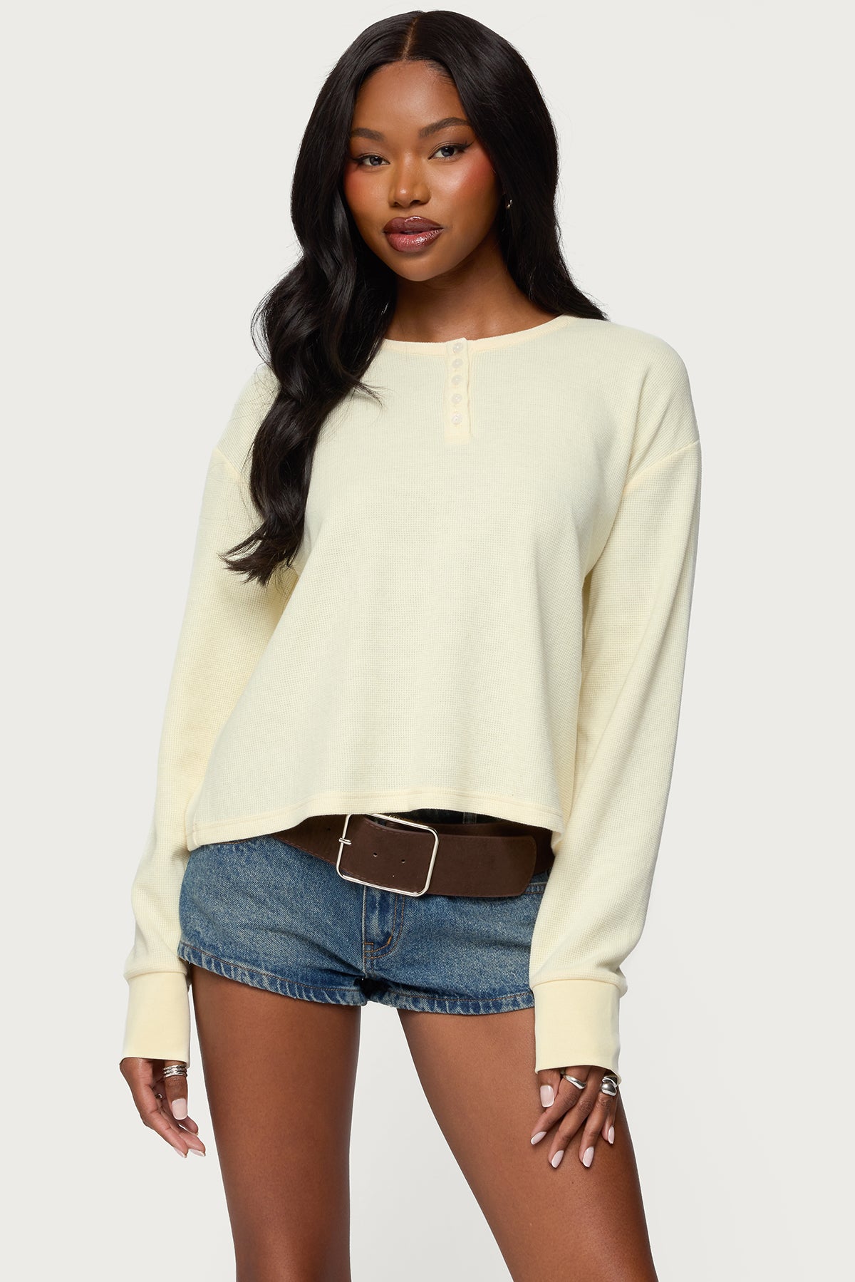 Deni Long Sleeve Henley Waffle Top