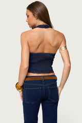 Jemima Contrast Stitch Denim Halter Top