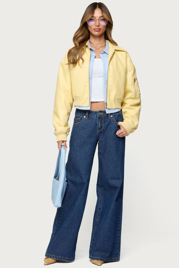 Zayna Cropped Faux Leather Bomber Jacket view 2
