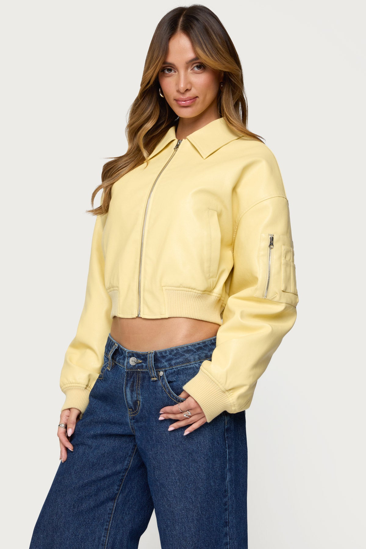 Zayna Cropped Faux Leather Bomber Jacket