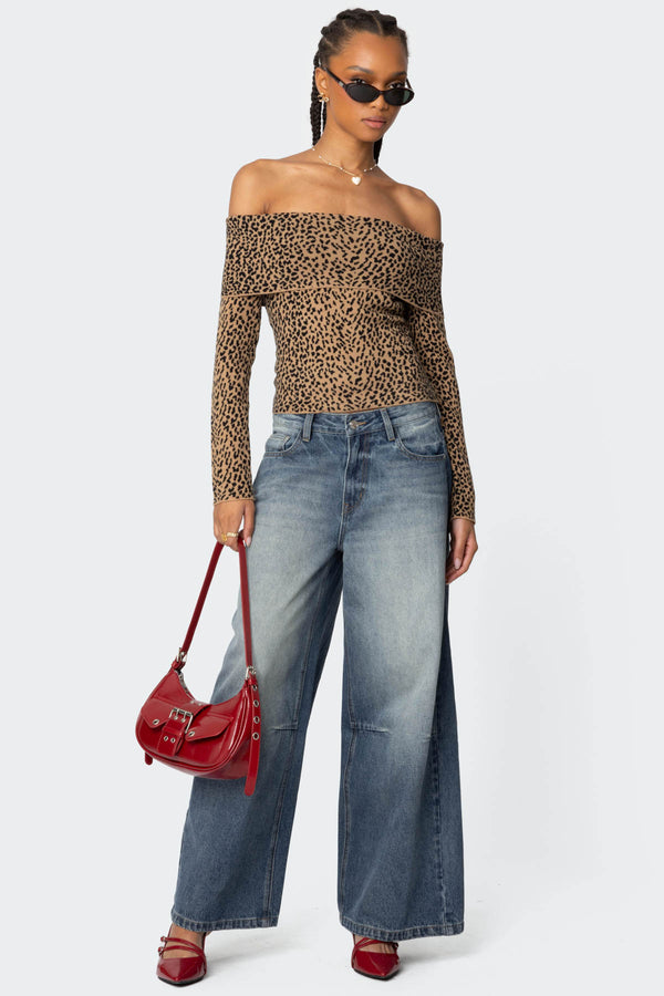 Leopard Printed Fold Over Knit Top view 2