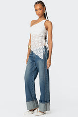Lacey Sheer Asymmetric Drawstring Top