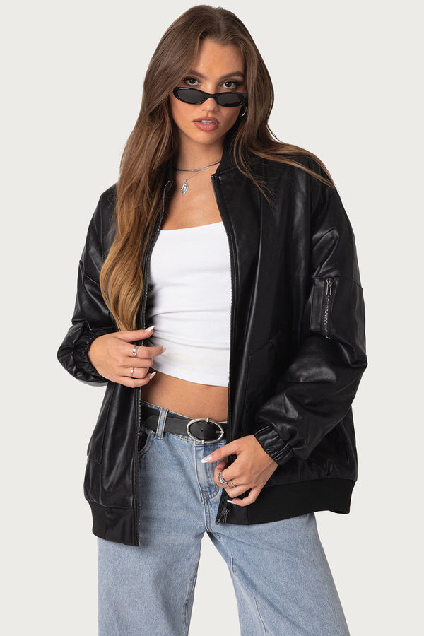 Faux Leather Oversized Bomber Jacket view 1