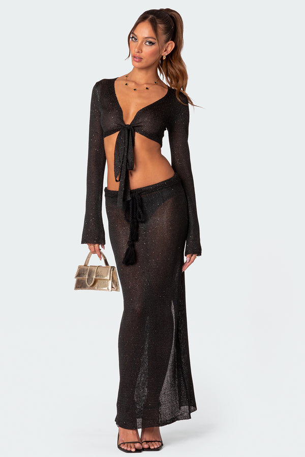 Micro Sequin Tie Front Knit Crop Top view 2