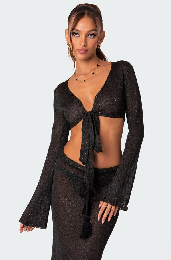 Micro Sequin Tie Front Knit Crop Top view 1