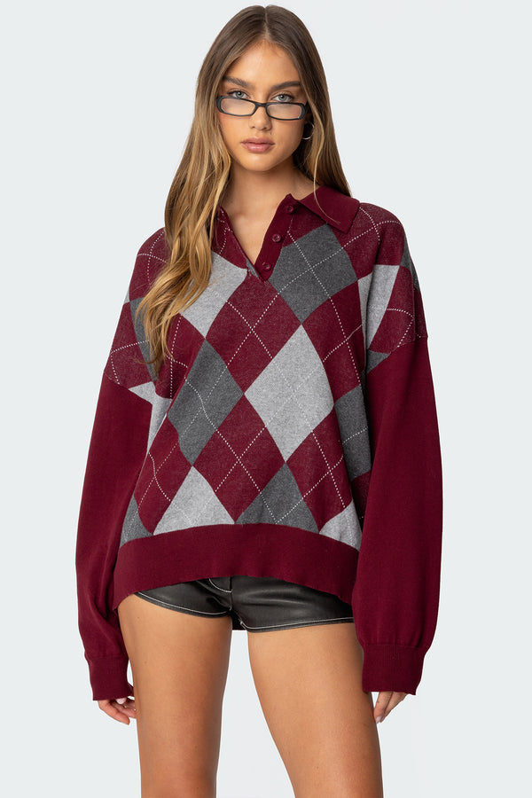 Argyle Oversized Polo Sweater view 1