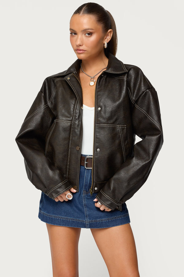 Jaxson Oversized Faux Leather Bomber Jacket view 1