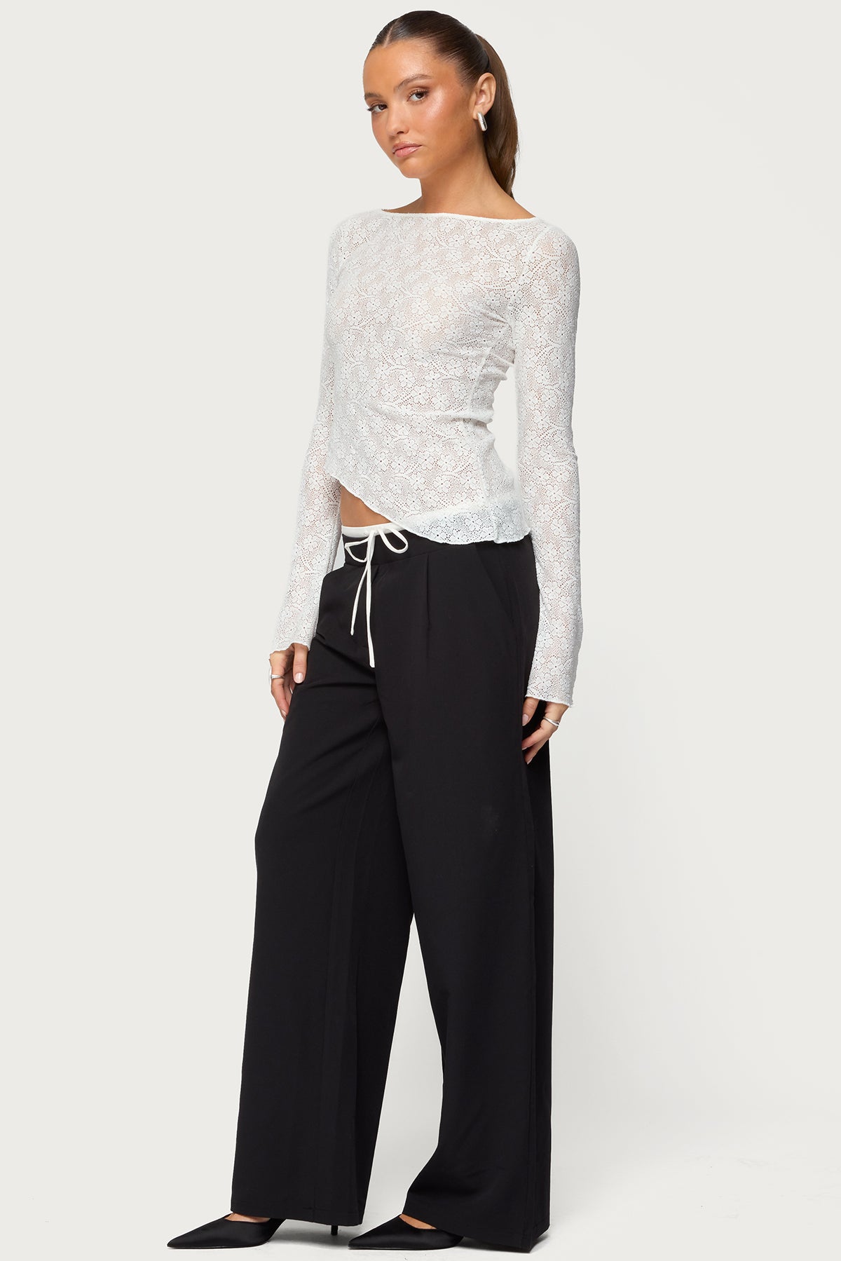 Mare Asymmetric Gem Sheer Lace Top