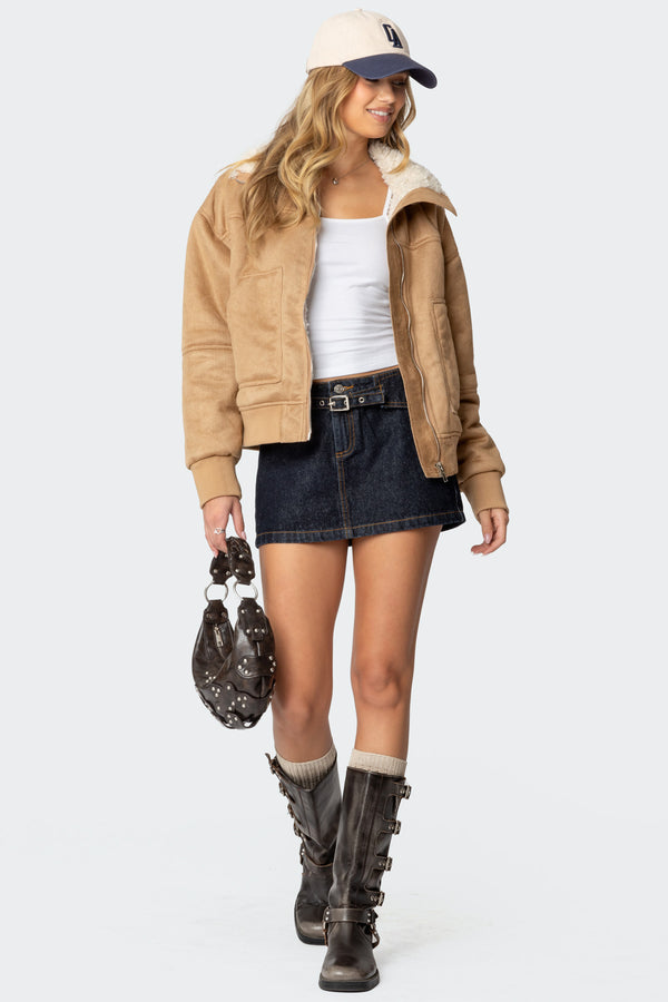 Faux Suede Shearling Bomber Jacket view 2