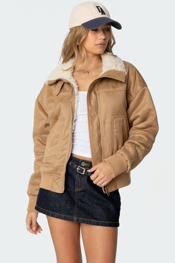 Faux Suede Shearling Bomber Jacket view 1
