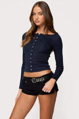 Cameo Boat Neck Button Up Top