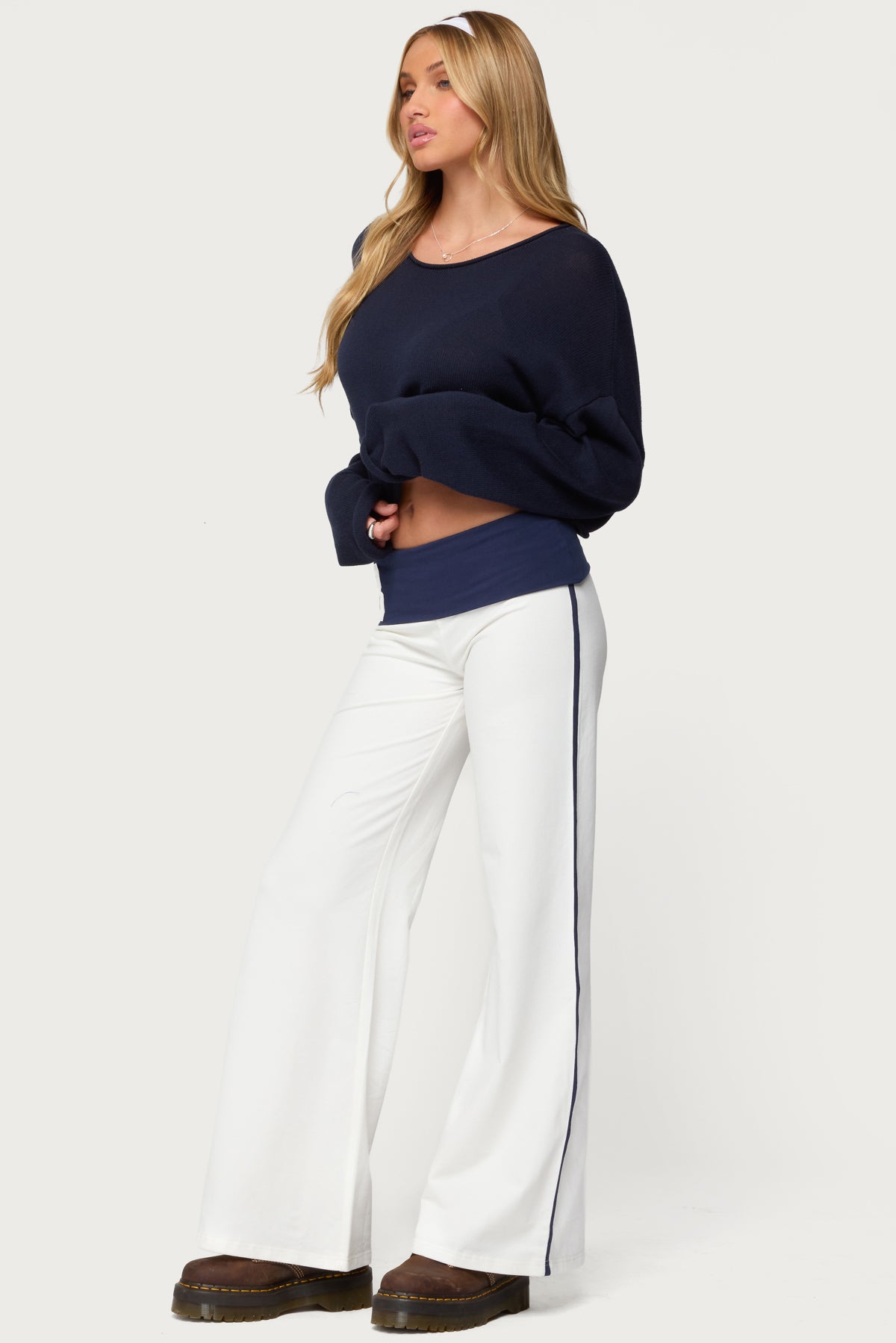 8 Contrast Fold Over Wide Leg Pants
