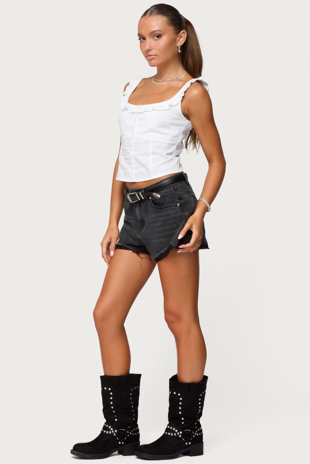 Noga Ruffle Woven Button Up Top