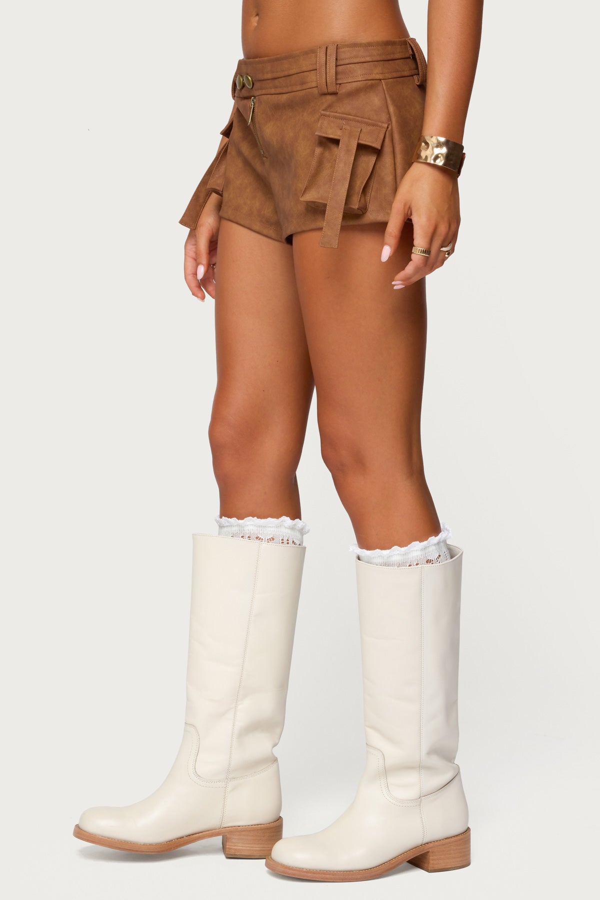 Washed Faux Leather Micro Cargo Shorts