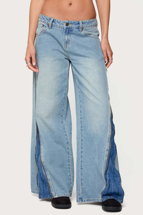 Zippered Washed Low Rise Wide Leg Jeans view 2