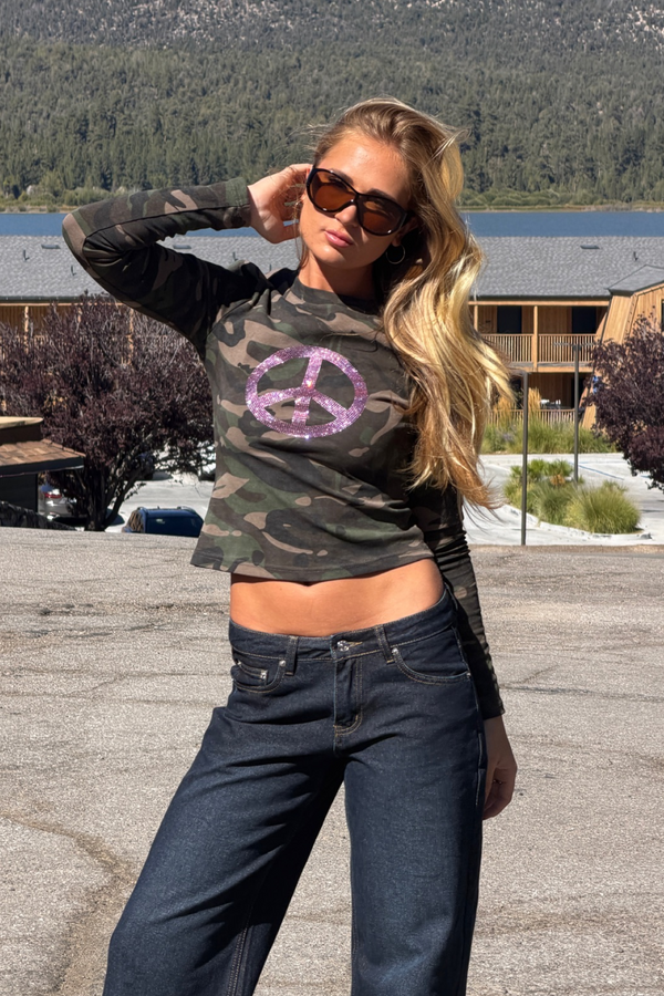 Peace Rhinestone Camo Top view 1