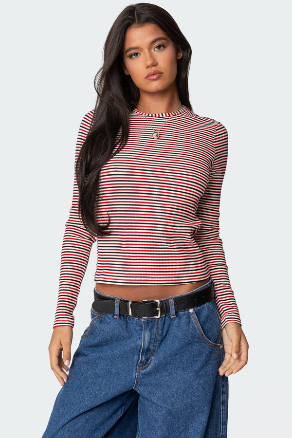 Corina Ribbed Stripey Long Sleeve T Shirt view 1