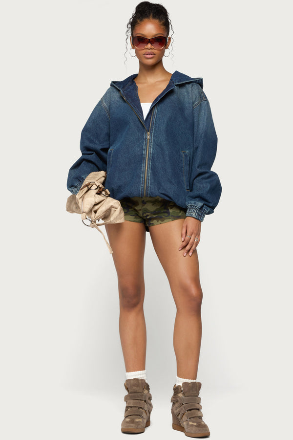 Hooded Vintage Washed Denim Bomber Jacket view 2