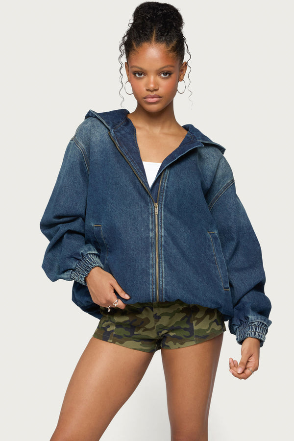 Hooded Vintage Washed Denim Bomber Jacket view 1