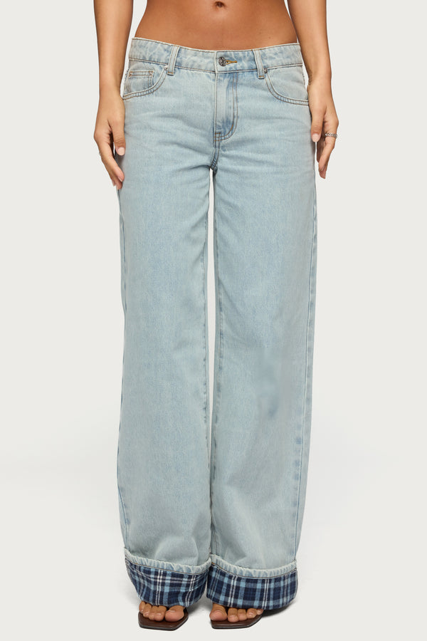 Plaid Cuffed Low Rise Baggy Jeans view 2