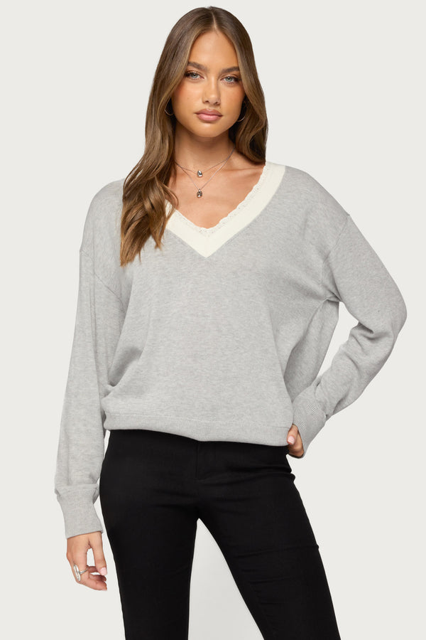 Marie Contrast Lacey V Neck Sweater view 1