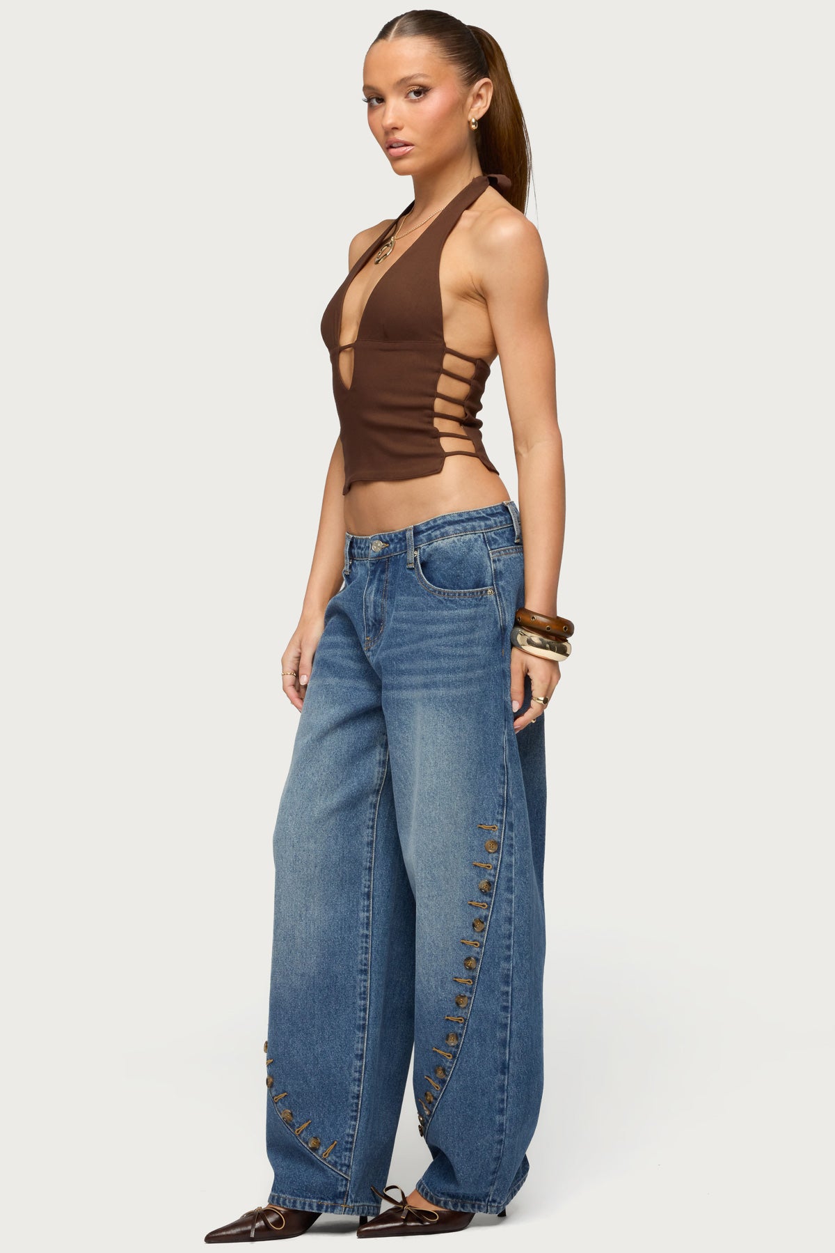 Button Stitch Low Rise Barrel Jeans