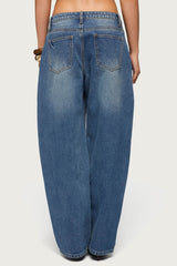 Button Stitch Low Rise Barrel Jeans