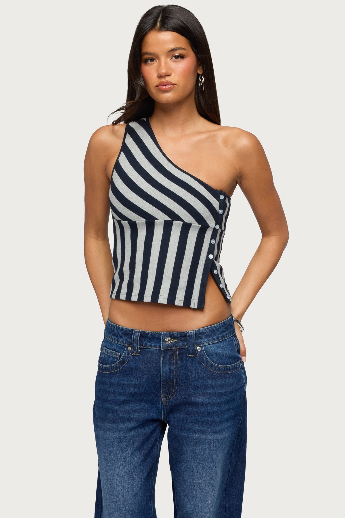 Button Striped One Shoulder Top