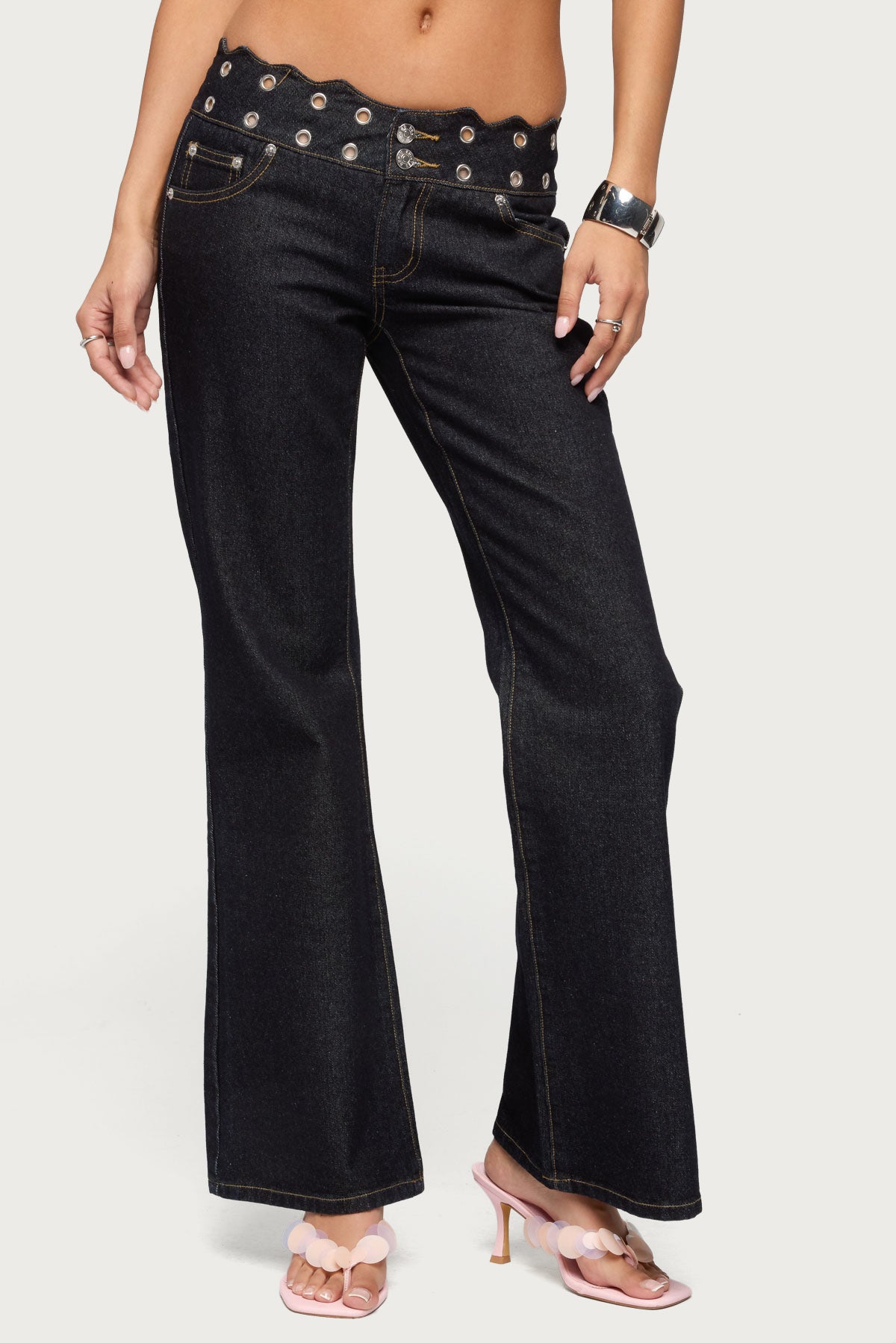 Scalloped Grommet Low Rise Bootcut Jeans