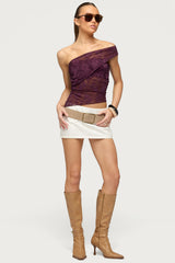 Asymmetric One Shoulder Sheer Lace Top