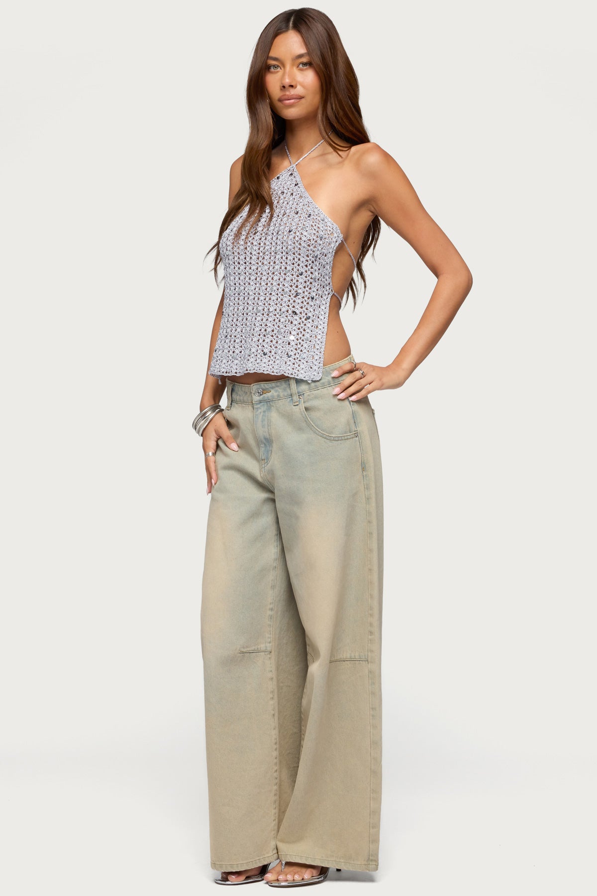 Thaly Backless Sequin Crochet Halter Top