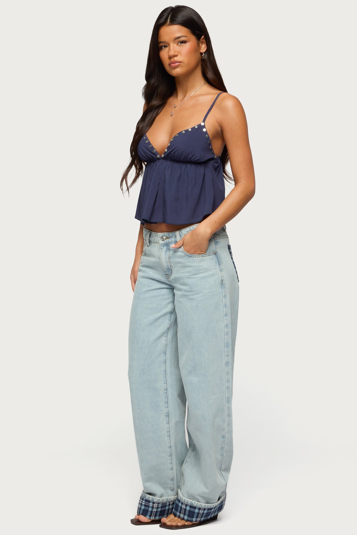 Plaid Cuffed Low Rise Baggy Jeans