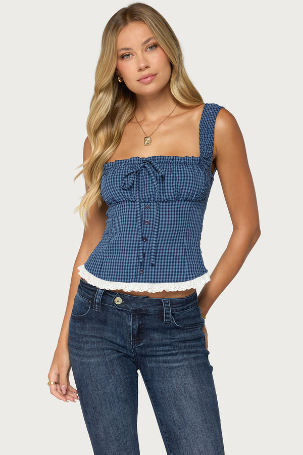 Zeffie Textured Gingham Tie Front Top view 1