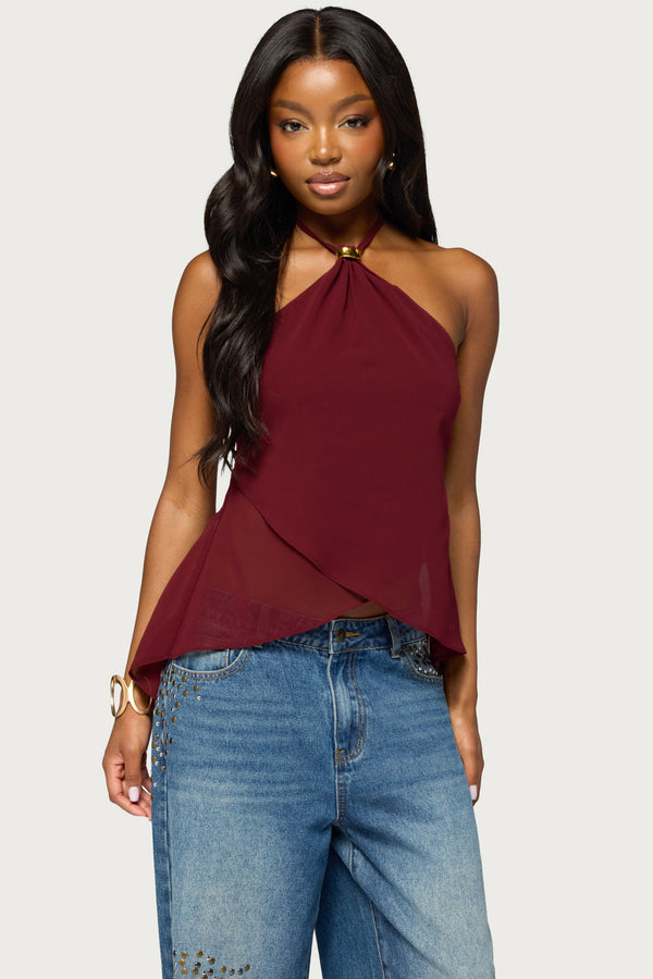 Chiffon Split Open Back Halter Top view 1