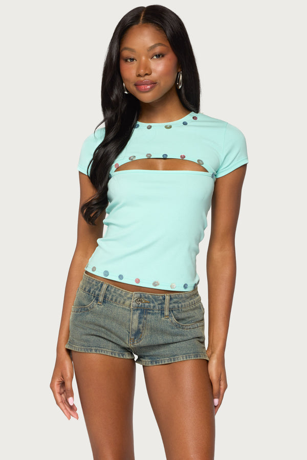 Suda Iridescent Button Cutout T Shirt view 1