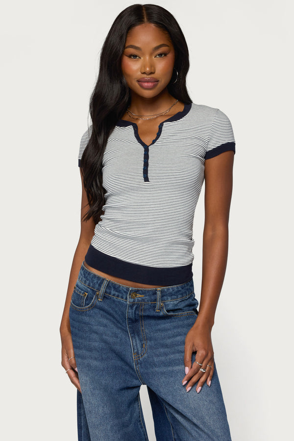 Regin Striped Ribbed Henley Top view 1