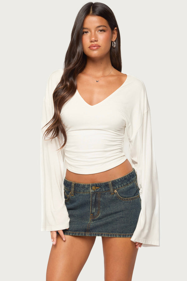 Bebe Ruched Long Sleeve V Neck Top view 1