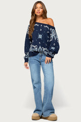 Faiga Off Shoulder Bandana Print Sweater
