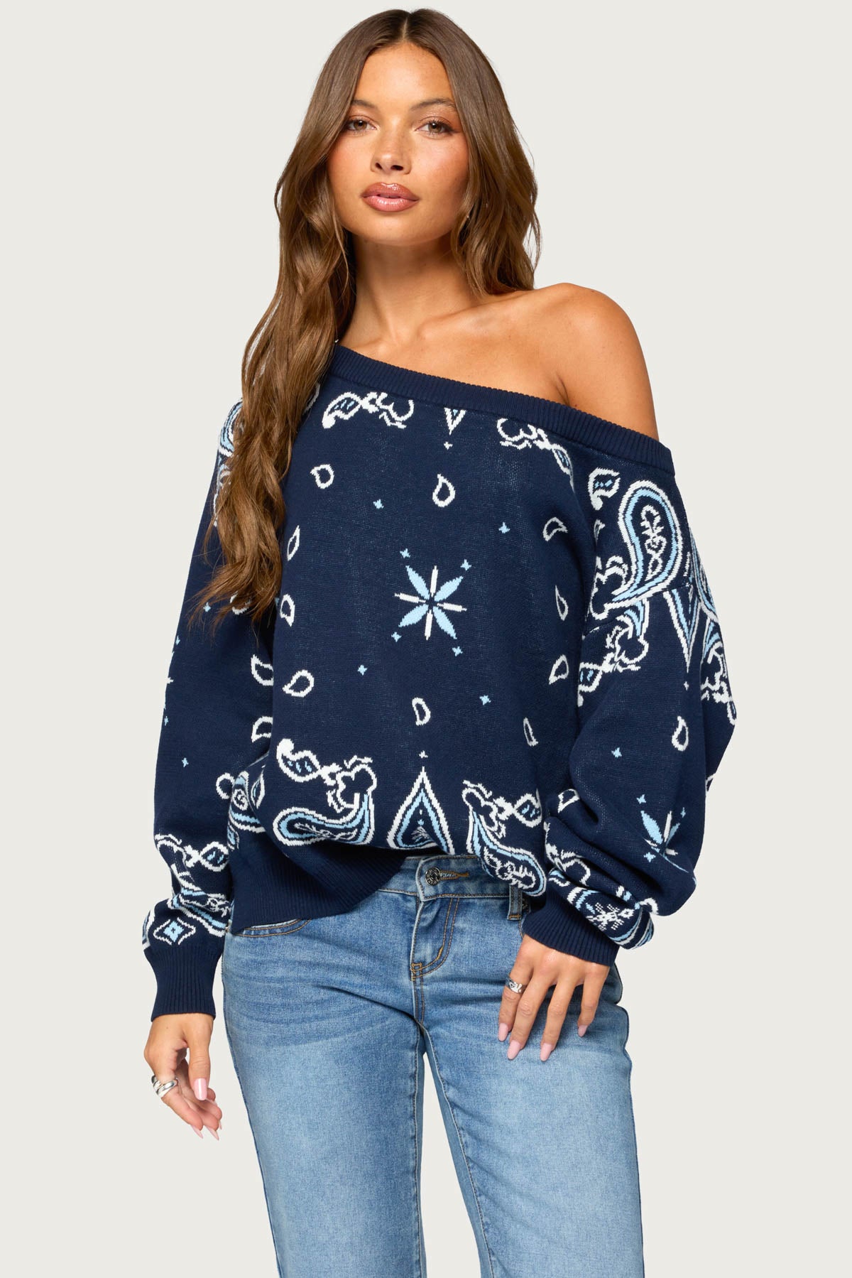 Faiga Off Shoulder Bandana Print Sweater