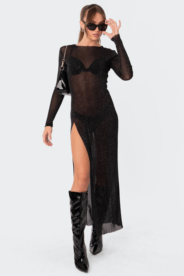 Glitter Mesh Slitted Maxi Dress view 1
