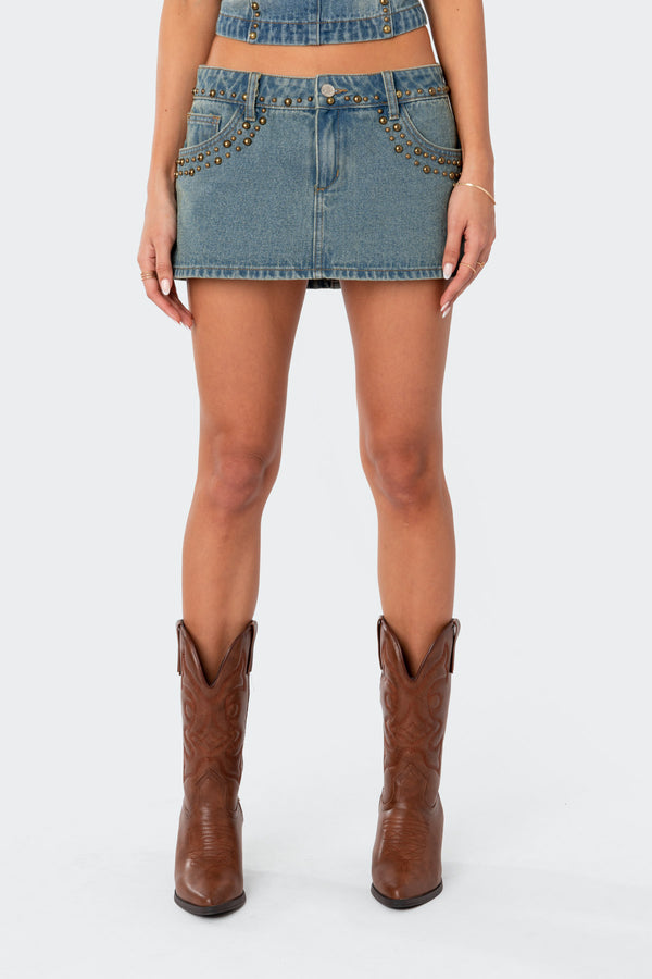 Studded Low Rise Washed Denim Mini Skirt view 2