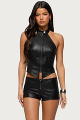 Diana Zip Up Faux Leather Halter Top