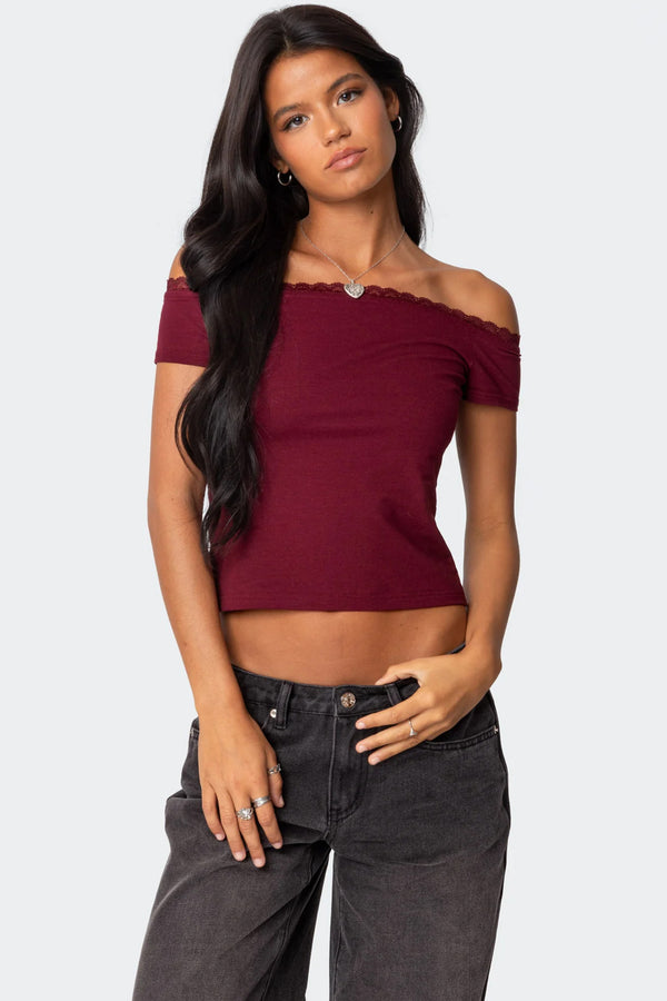 Xoe Off Shoulder Lace Trim Top view 1