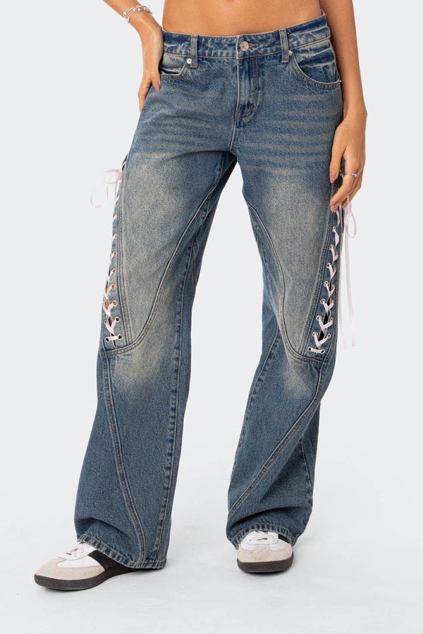 Ribbon Lace Up Low Rise Baggy Jeans view 2