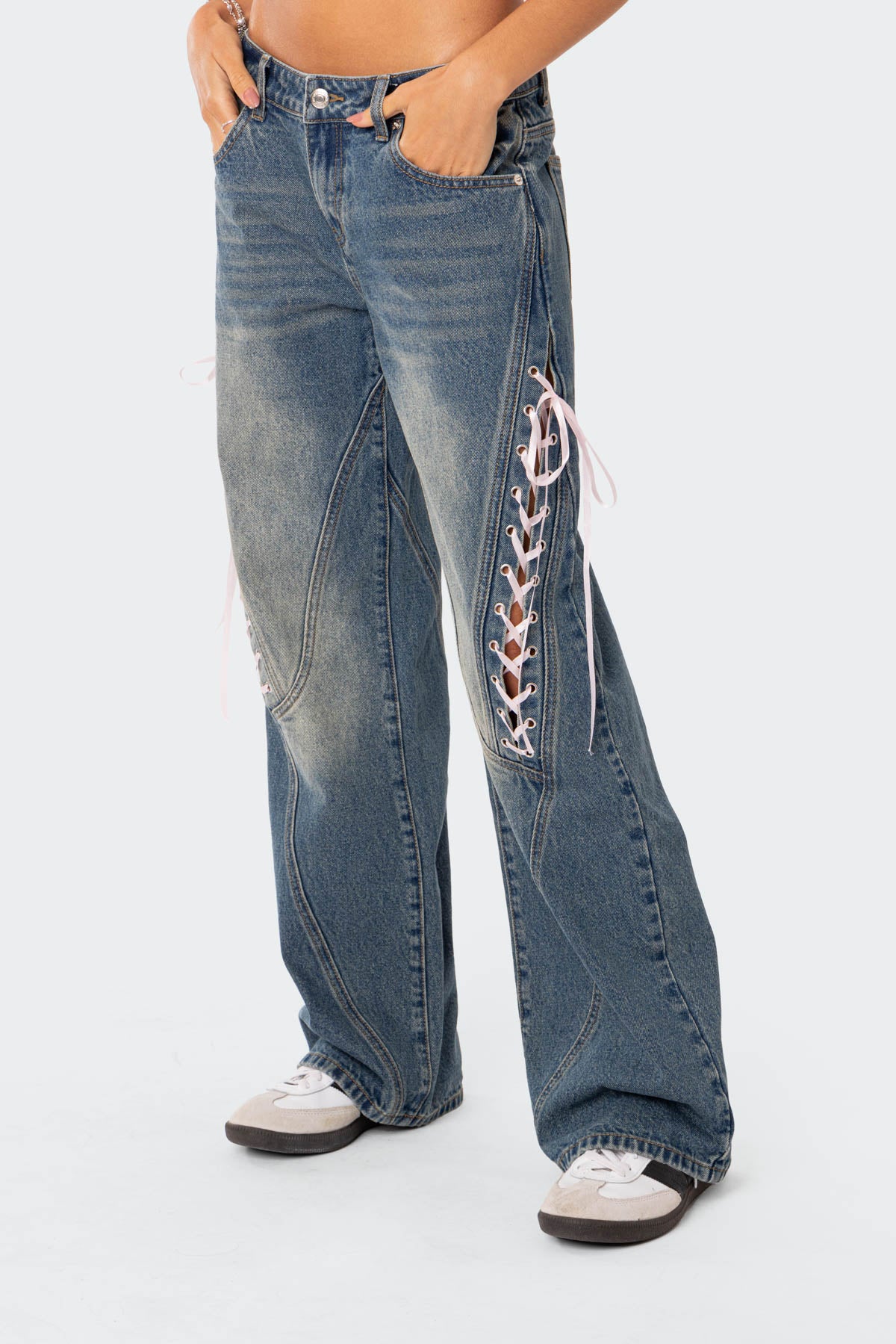 Ribbon Lace Up Low Rise Baggy Jeans