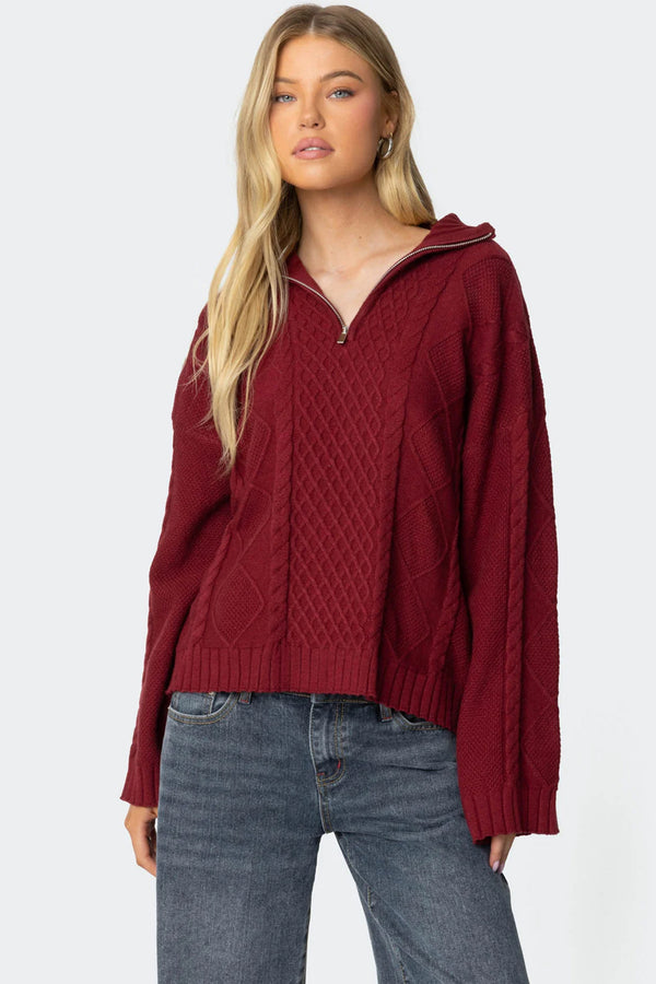 Oversized Quarter Zip Cable Knit Sweater view 1