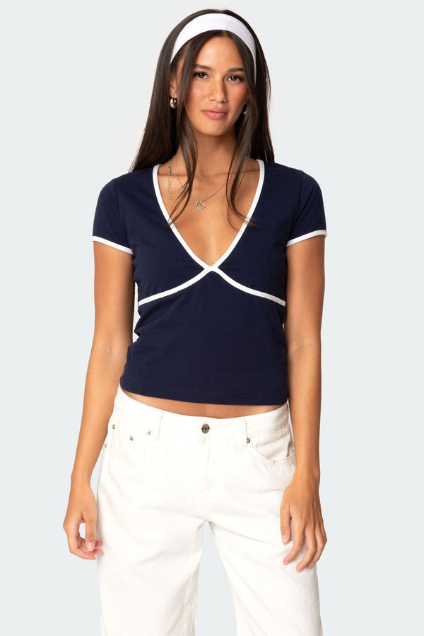 Alicia Contrast V Neck Top view 1